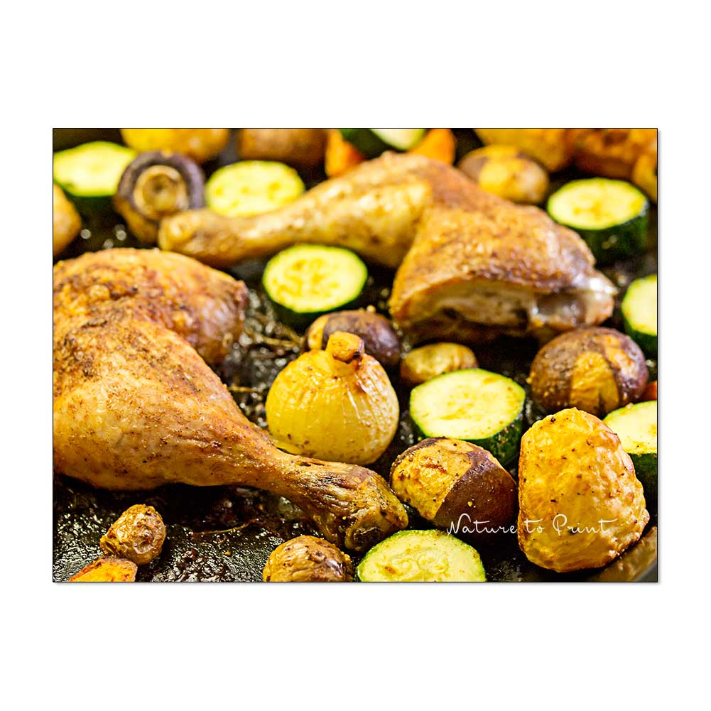 Hähnchenschenkel mit Ofenkartoffeln und Gemüse der Saison, 2 Rezepte