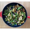 Spargelpfanne mit Grünem Spargel, Frühkartoffeln und Champignons