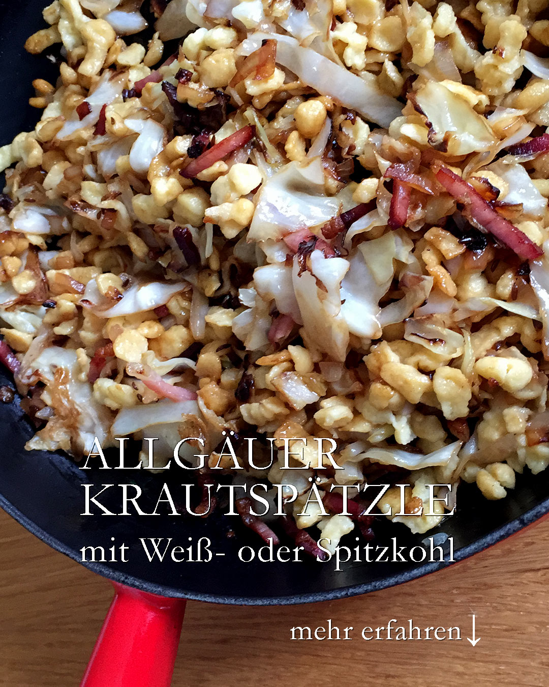 Spätzle gehen immer, Krautspätzle erst recht. Wenn es draußen herbstelt, darf das Essen gerne deftig sein und mit frischen Zutaten aus der Region.

Krautspätzle gibt es in 2 Variationen: Mit Sauerkraut oder mit frischen Spitzkohl oder Weißkohl. Beide Varianten schmecken und bringen die Familie schnell an den Tisch.

Spätzle:
+ Pro Person 100 g Mehl + 1 Ei zu einem Teig kneten bis er Blasen wirft.
+ Großen schweren Topf mit Wasser + Salz zum Kochen bringen.
+ Spätzleteig portionsweise in einen Spätzlehobel geben und ins kochende Wasser hobeln.
+ Sobald die Spätzle oben schwimmen, sind sie fertig.
+ Mit Schaumlöffel rausnehmen, im Sieb kurz abbrausen und zur Seite stellen.

Weißkohl / Spitzkohl vom Strunk befreien
+ in große Streifen / Stücke schneiden
+ in einem großen Topf erst Butterschmalz + Zucker schmelzen
+ mit 1-2 EL Essig ablöschen
+ Zwiebelwürfel und
+ Kohl dazu geben
+ würzen mit Kümmel + Pfeffer
+ 20 min sanft garen
+ Salz erst zum Schluss dazugeben
+ dann abgießen und gut abtropfen lassen.

Speckwürfel nach Geschmack auslassen

Große schwere Pfanne bei mittlerer Hitze aufsetzen
+ Butterschmalz schmelzen
+ erst Zwiebelwürfel, dann Kraut anbraten
+ wenn es Farbe angenommen hat
+ Spätzle dazu geben
+ Speck
++ abschmecken mit Salz, Pfeffer, Kümmel

Heiß in der Pfanne servieren. Guten Appetit

Rezepte für Spätzle und Krautspätzle in zwei Varianten:

Im Blog: Allgäuer Krautspätzle nach Oma Agnes https://www.wo-blumenbilder-wachsen.de/allgaeuer-krautspaetzle-mit-jaroma/

Kurz: https://www.insbeet.de/Krautspaetzle

#kochen #gutenappetit #spitzkohl #mittagessen #kochenistliebe #ausliebezumessen #superlecker #selbstgemacht #schmeckt #spätzle #kraut #rezept #waskocheichheute #rezeptaufdemblog #hausmannskost #lecker #sogut #einfachlecker #sauerkraut #kohl #weißkohl #pfannengericht #herzhaft #rezeptideen #familienessen
