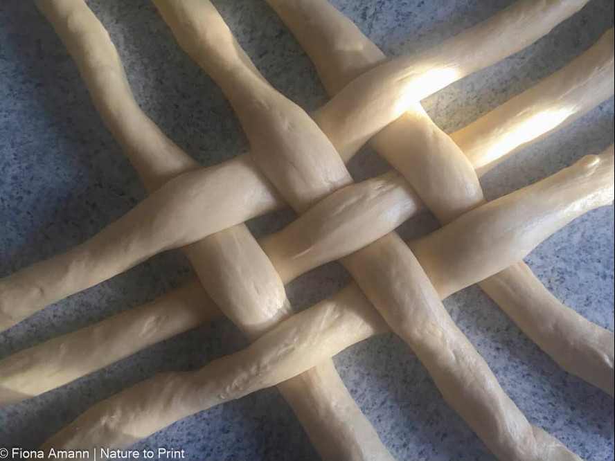 6 Teigstränge wie zu einem Korb flechten. Enden unters Brot schieben und fest andrücken